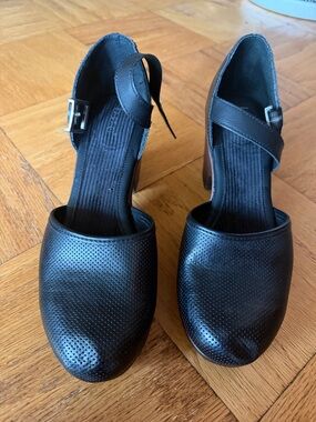 b.o.c. Black Perforated Closed-Toe Heels with Ankle Strap